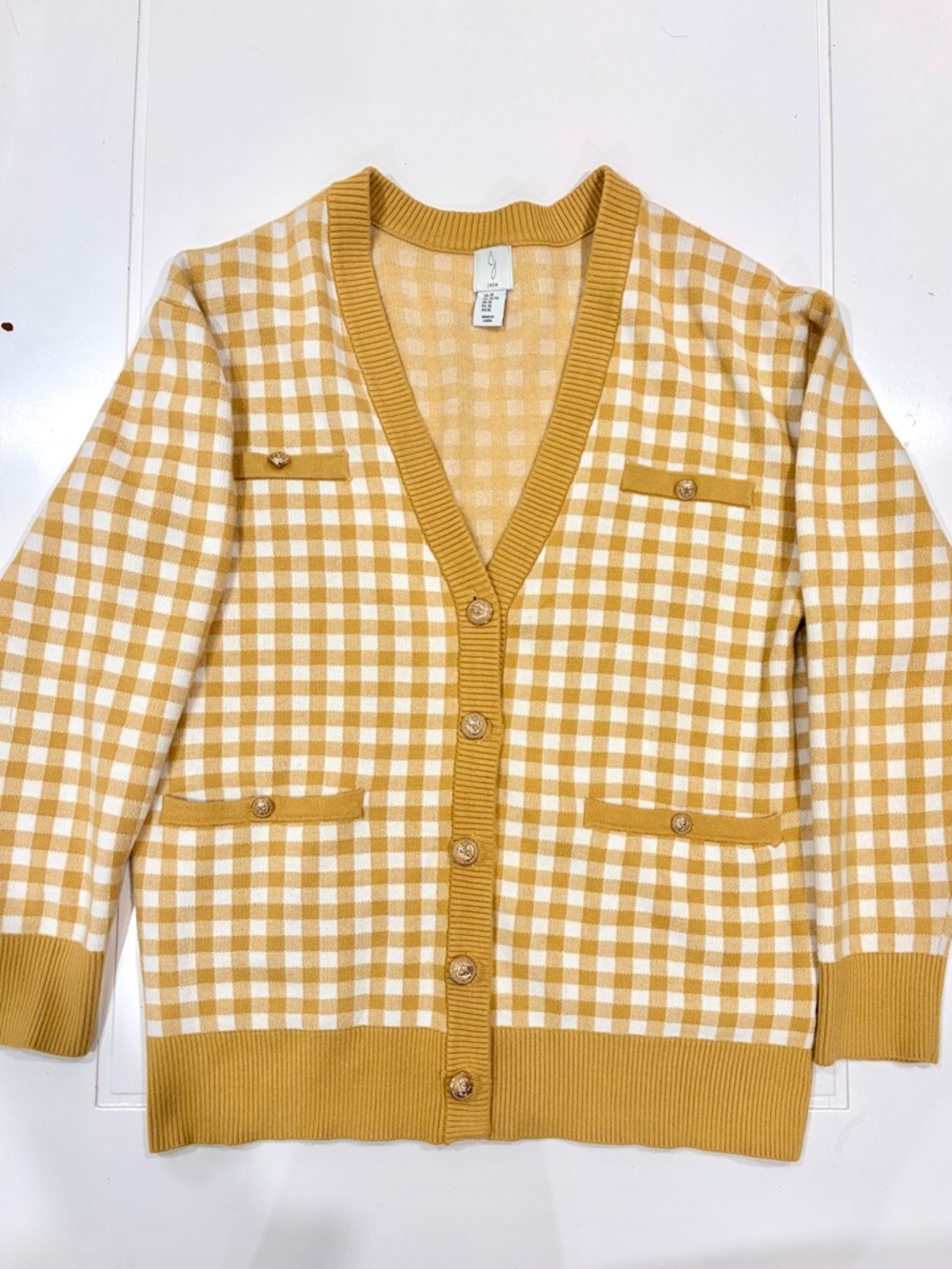 Joie Mustard & Cream Gingham V‑Neck Gold Button Cardigan Size XL